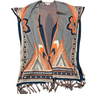 Peachpuff Gray Orange Boho Tribal Fringe Open Poncho Size Small Aztec Southwest